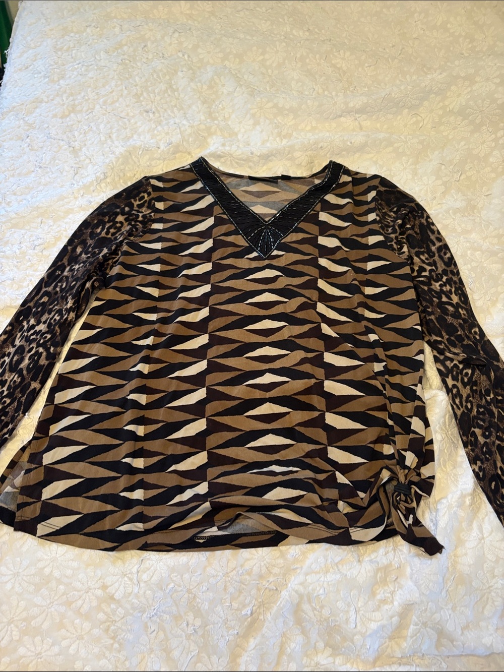 Susan Graver Brown & Black Geometric V-Neck Long Sleeve Top